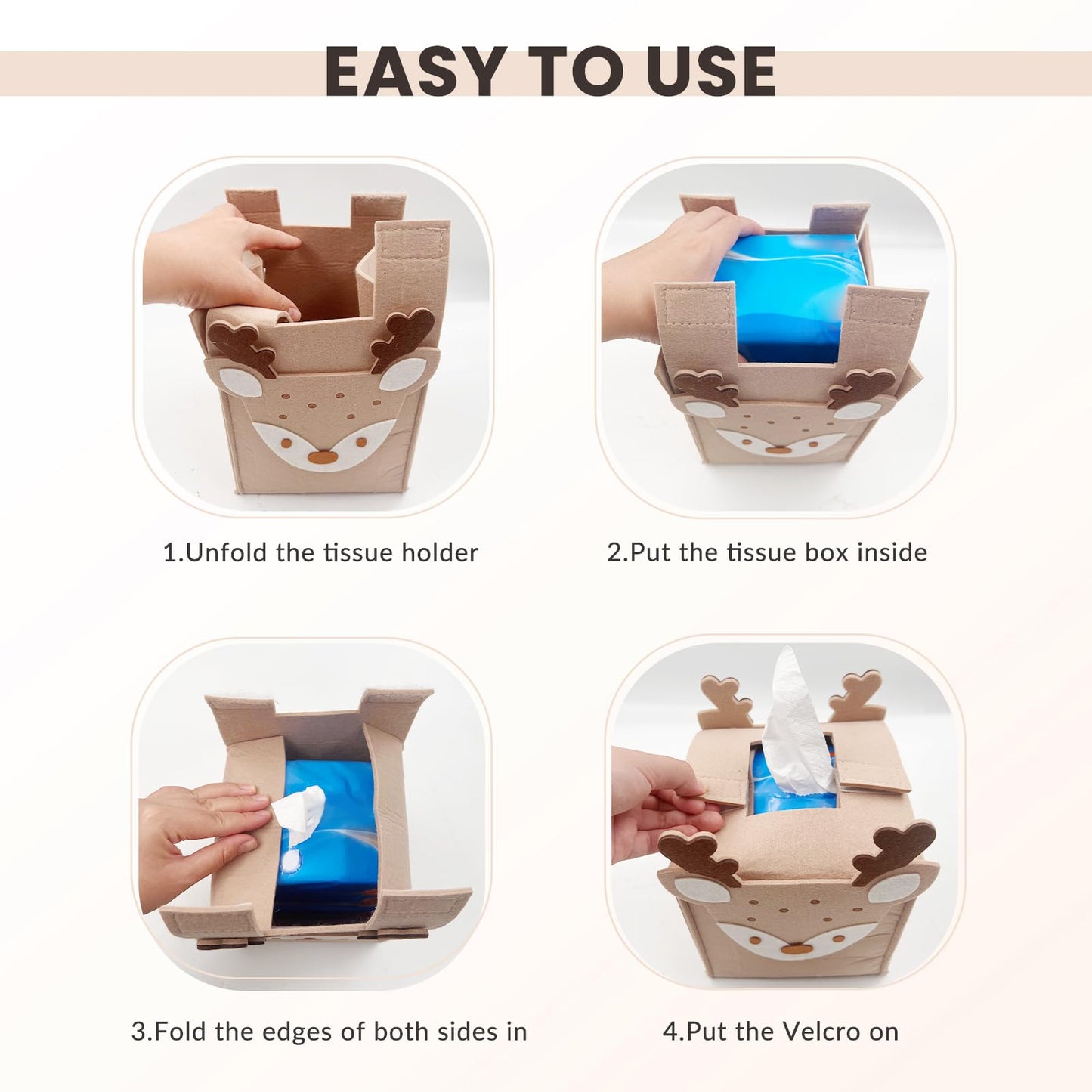 Daily Treasures Cute Deer Square Tissue Box Cover,Refillable Felt Tissue Box Holder with Hook And Loop Fasteners,Unique Tissue Storage Organizer