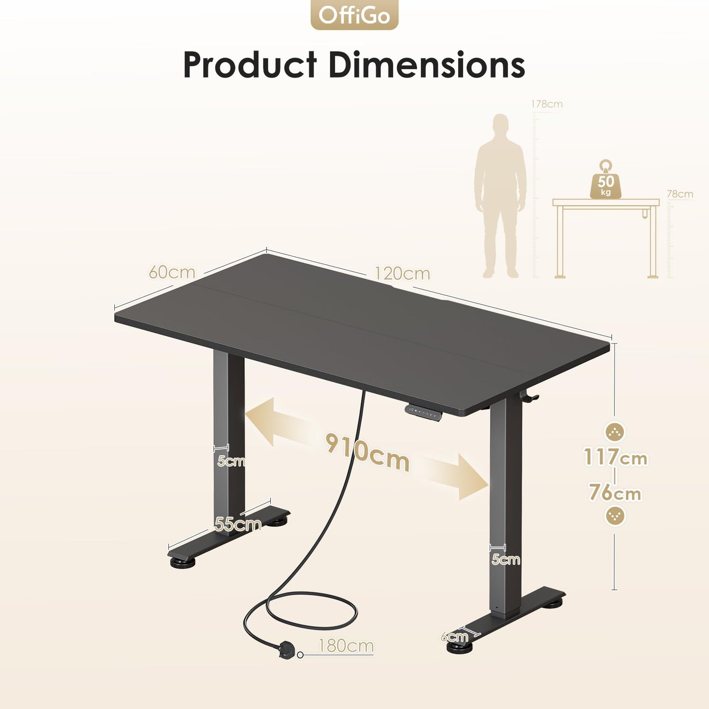 OffiGo Standing Desk, 120x60cm Height Adjustable Desk with 2 Memory Presets