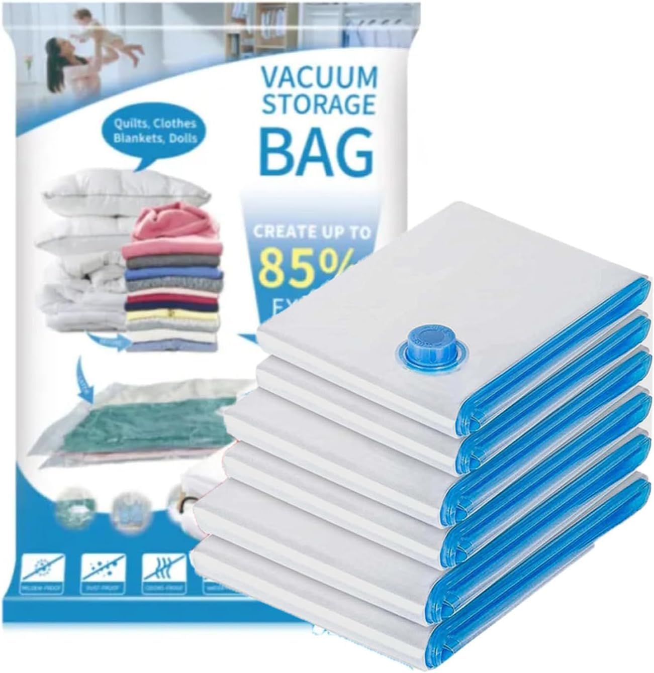 Vacuum Storage Bags Pack of 6 (2 Medium, 2 Large, 2 Jumbo) - Space-Saving Compression Bags with Airtight Seal - Reusable Zipper Bags for Clothes