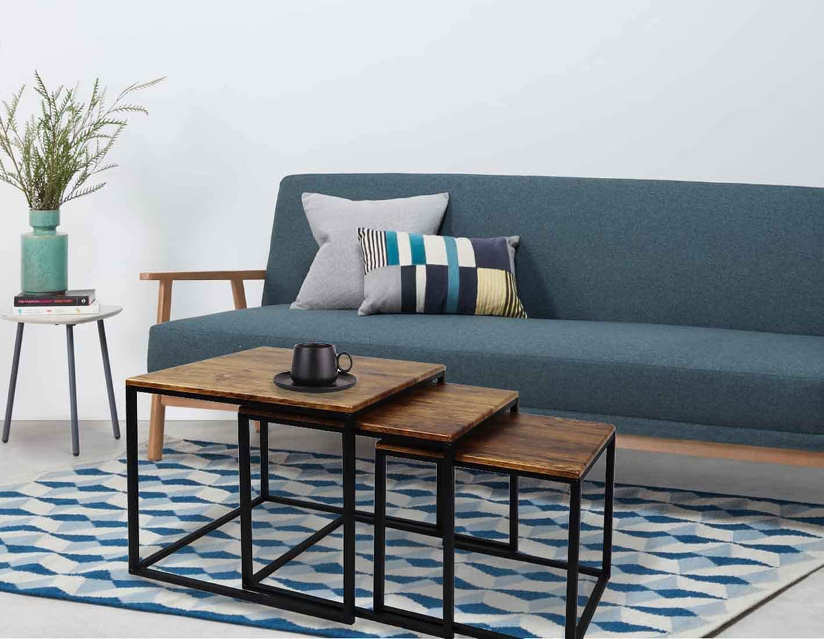 ASPECT Alana Set of 3 Nesting Table-Vintage Wooden Tops/Steel Black Legs, 40x40x42 cm