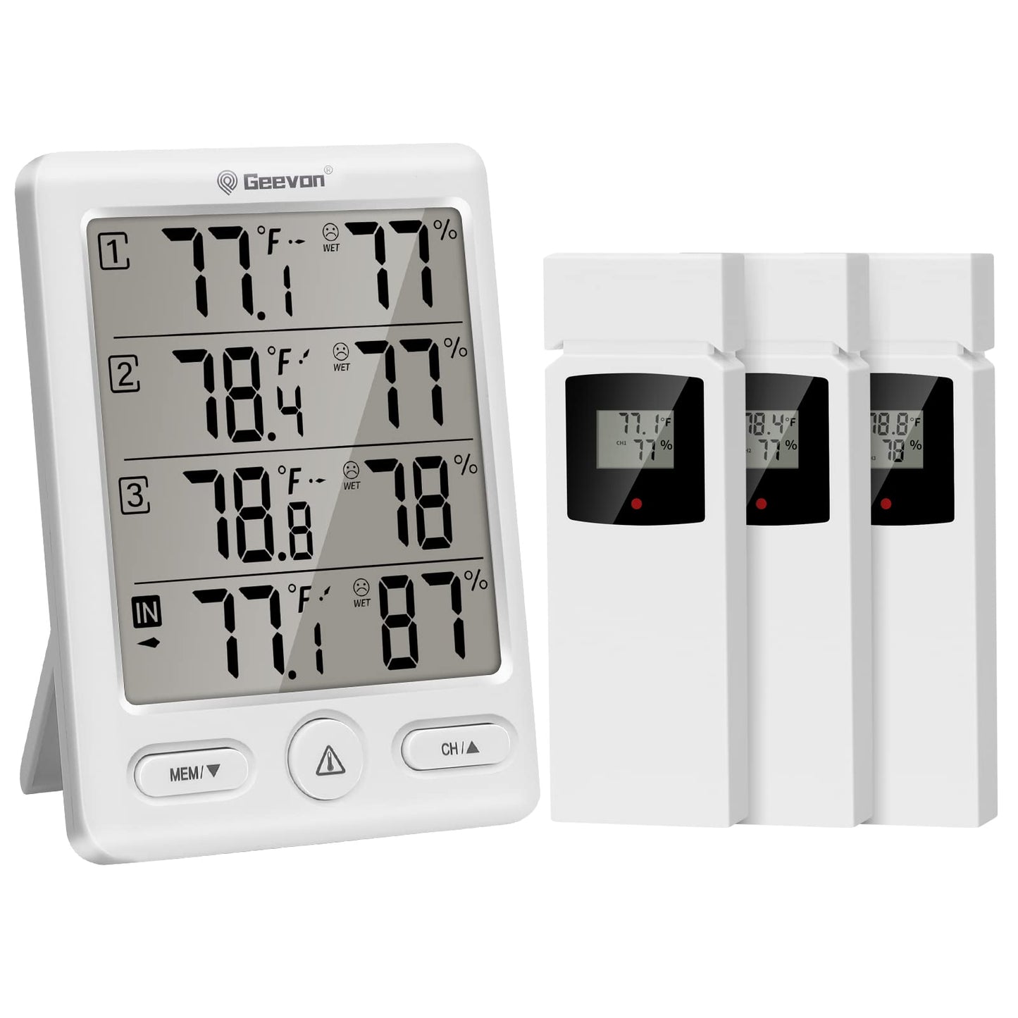 Geevon Indoor Outdoor Thermometer Wireless with 3 Remote Sensors, Digital Hygrometer Indoor Thermometer, Temperature Humidity Monitor Gauge with
