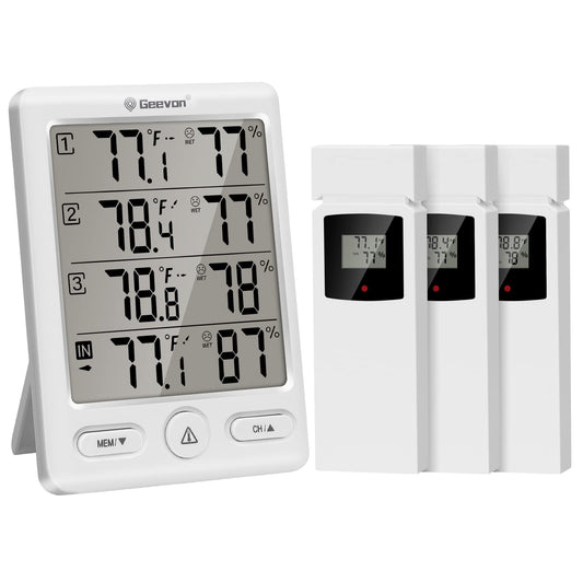 Geevon Indoor Outdoor Thermometer Wireless with 3 Remote Sensors, Digital Hygrometer Indoor Thermometer, Temperature Humidity Monitor Gauge with