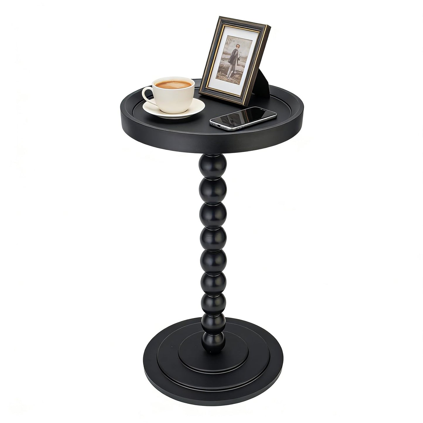 Simcat Round Side Table Bamboo Joint Design, Small Round Coffee Table for Small Spaces with Solid Wood Leg for Living Room, Bedroom, Corners