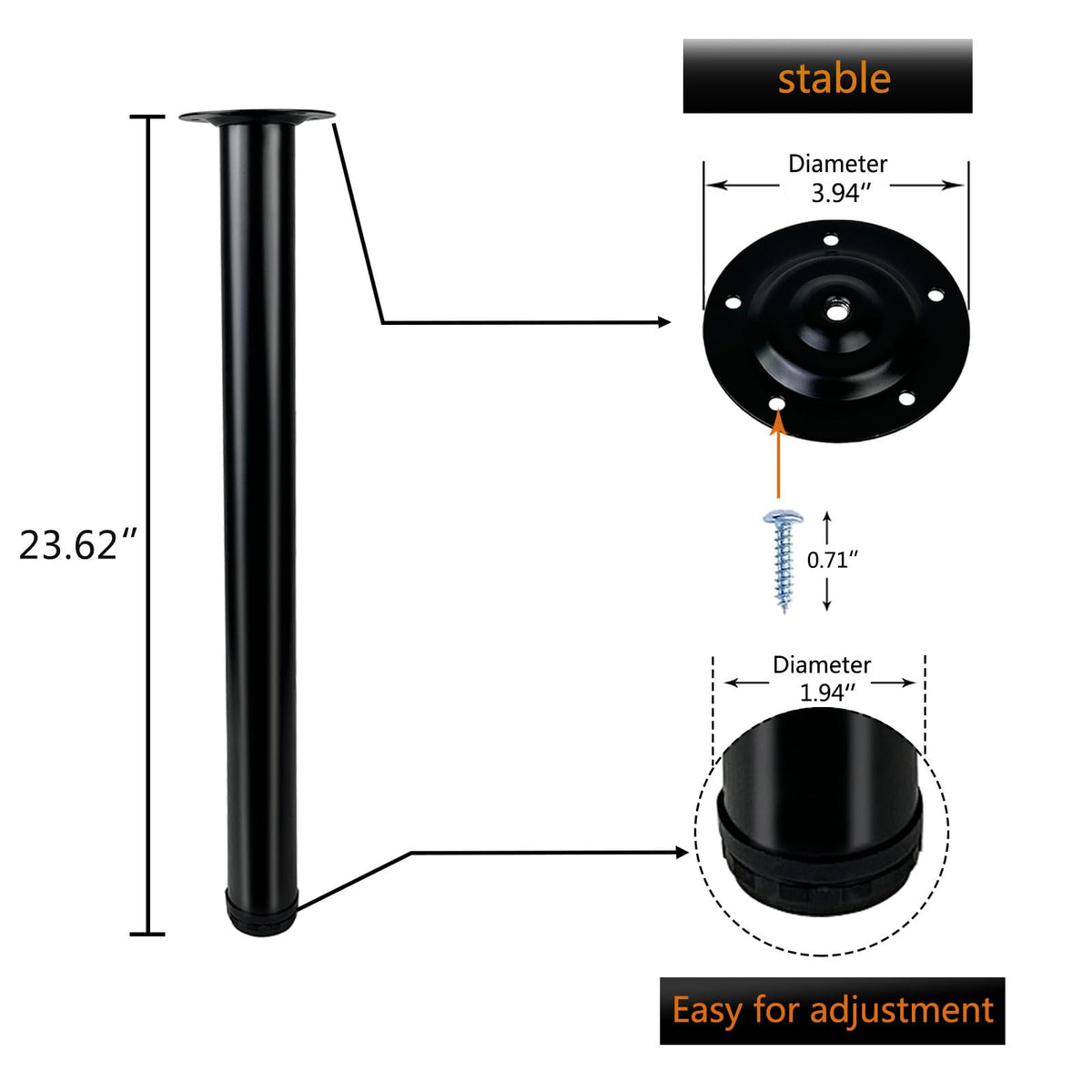 QLLY 60cm/23.6 inch Adjustable Tall Metal Desk Legs, Office Table Furniture Leg Set, Set of 4 60cm, Black