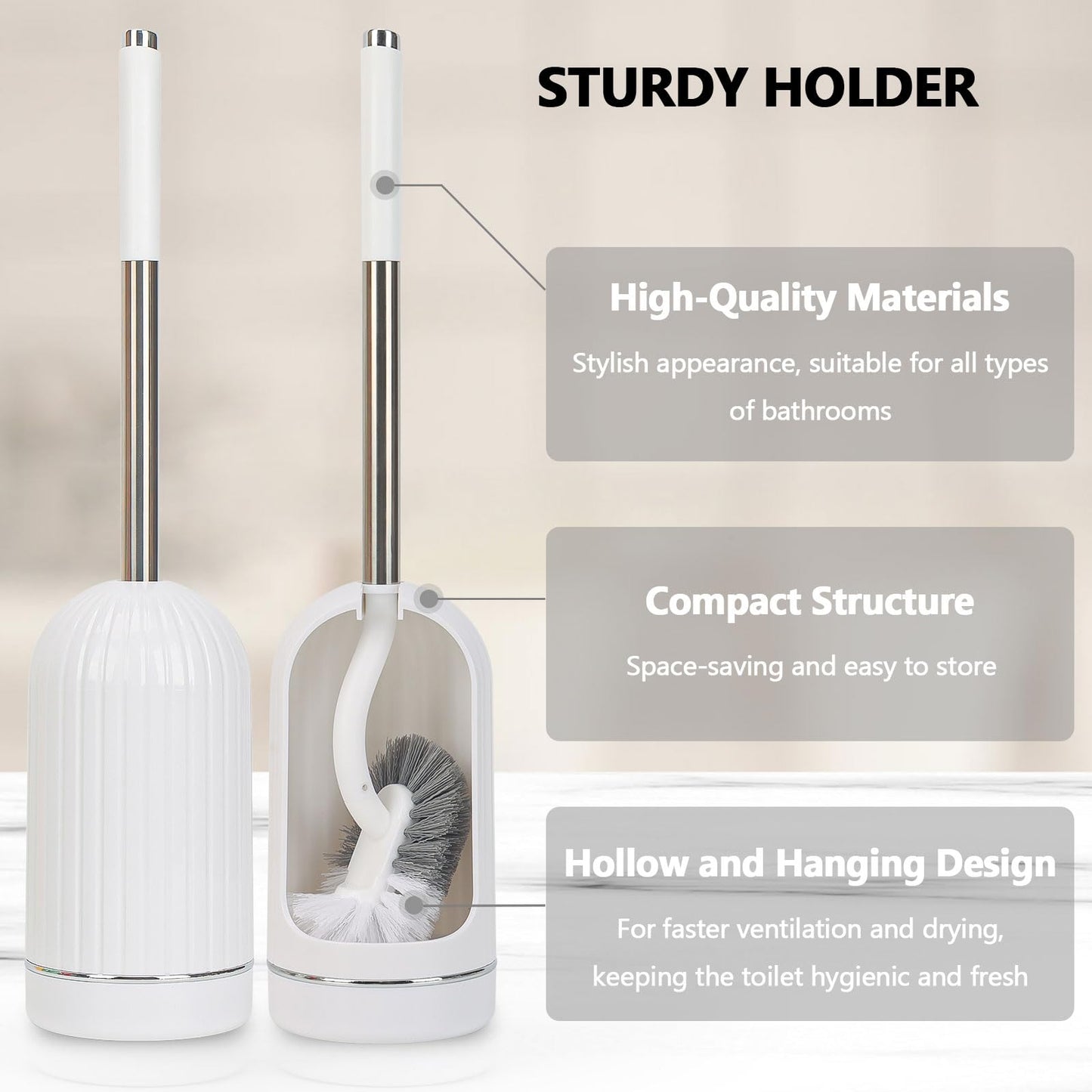 Toilet Brush, Toilet Brushes with Holders, Curved Toilet Brush with Edge Cleaner, Stainless Steel & Plastic Handle, Loo Brush Replacement Heads