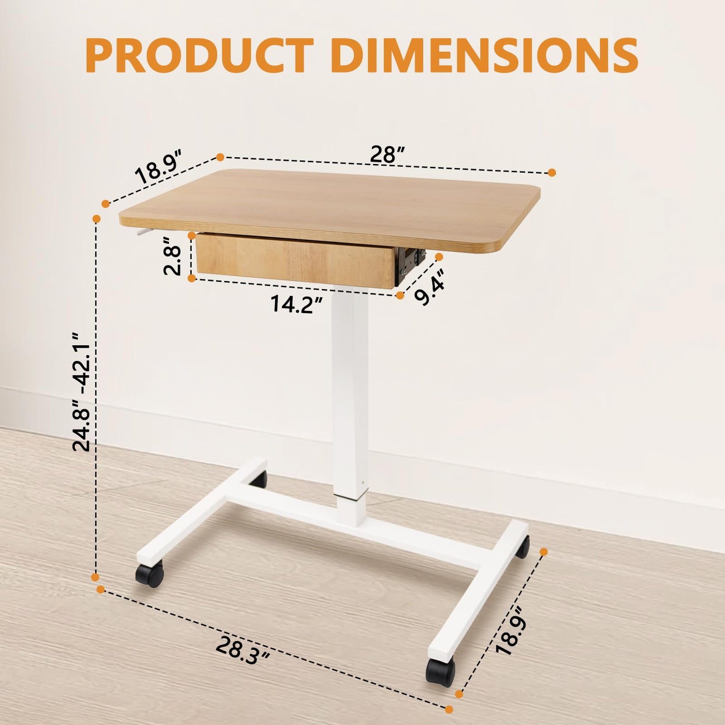 CLATINA Mobile Laptop Standing Desk, Height Adjustable Teacher Podium with Lockable Wheels, Adjustable Work Table with Drawer