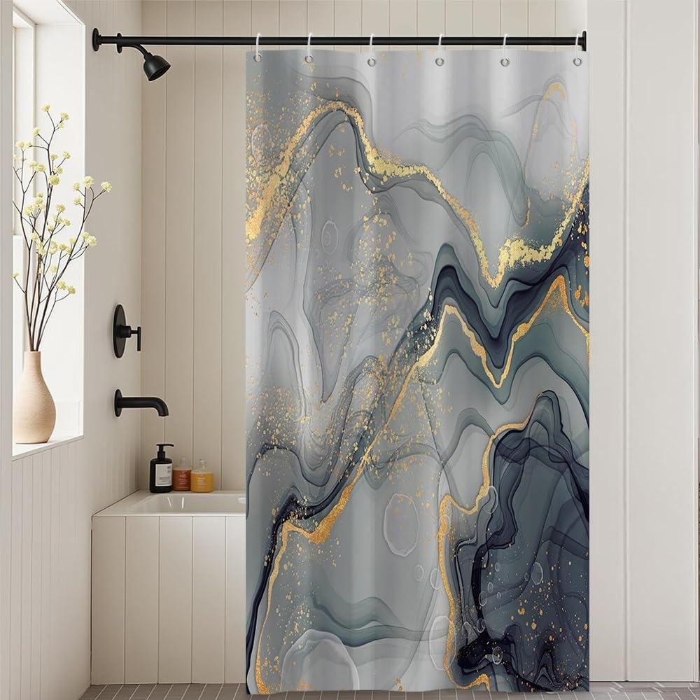 Xiaoterna 90x180cm Marble Shower Curtain Black Grey Gold Dots Waterproof Polyester Bathroom Curtain Luxury Modern Aesthetic Artistic Machine Washable