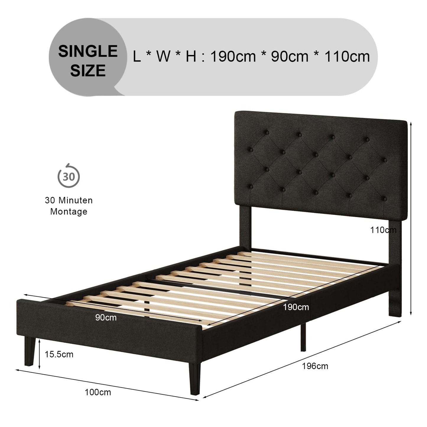 HOMBCK Single Bed Frame, 90 x 190 cm, with Adjustable Upholstered Headboard, Heavy Duty 256kg Weight Capacity, Easy Assembly, No Box Spring Needed