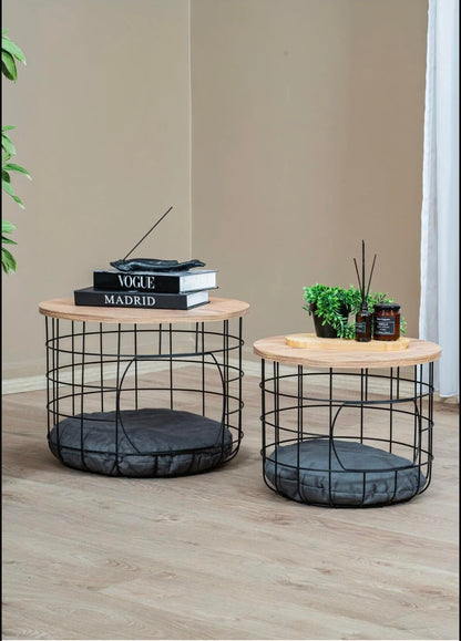 FUNTLY Coffee Table with Cat House, Modern 2-in-1 Side Table for Living Room, Hidden Pet Bed, Rustic Wood and Black Metal