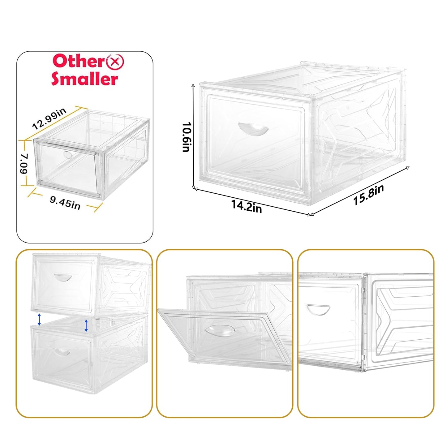 KINGSUSLAY 6Pack Clear Shoe Storage Organizer, XL Shoe Organizer Containers with Lids,Stackable Boxes for Shoes,Golf Caps,Closet,Accessories