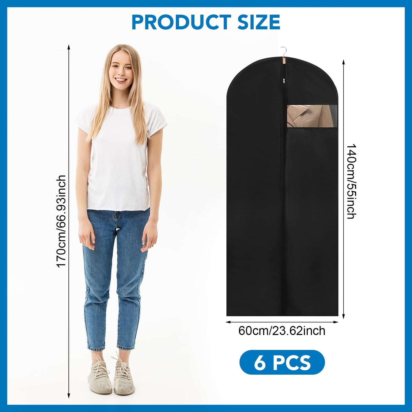 6 Pack Dress Bags Covers Long, PEVA Garment Bags, Dress Covers 60cm*140cm