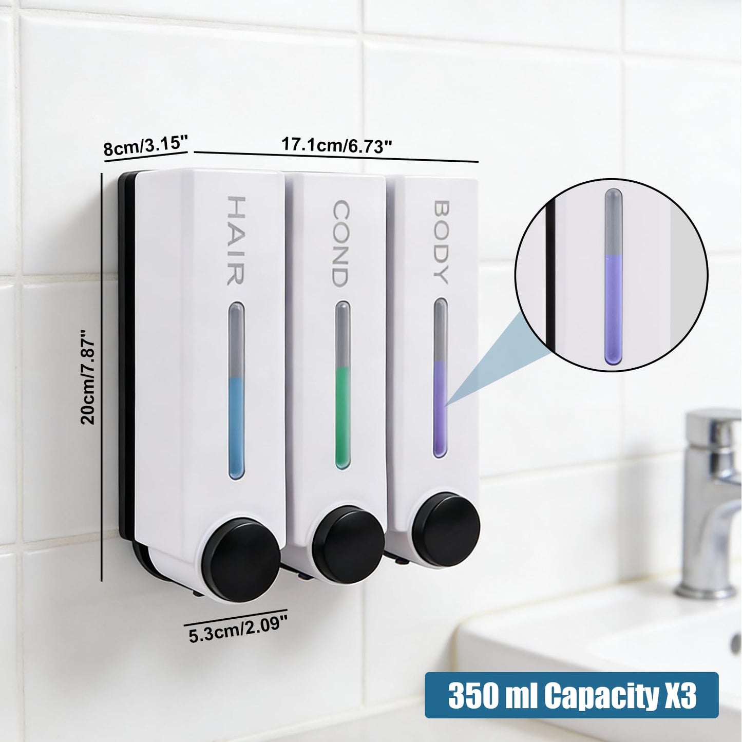 Shower Soap Dispenser No Drilling Wall Mounted Three Head White Shampoo Conditioner Body Wash Dispenser for Home Hotel Restauran