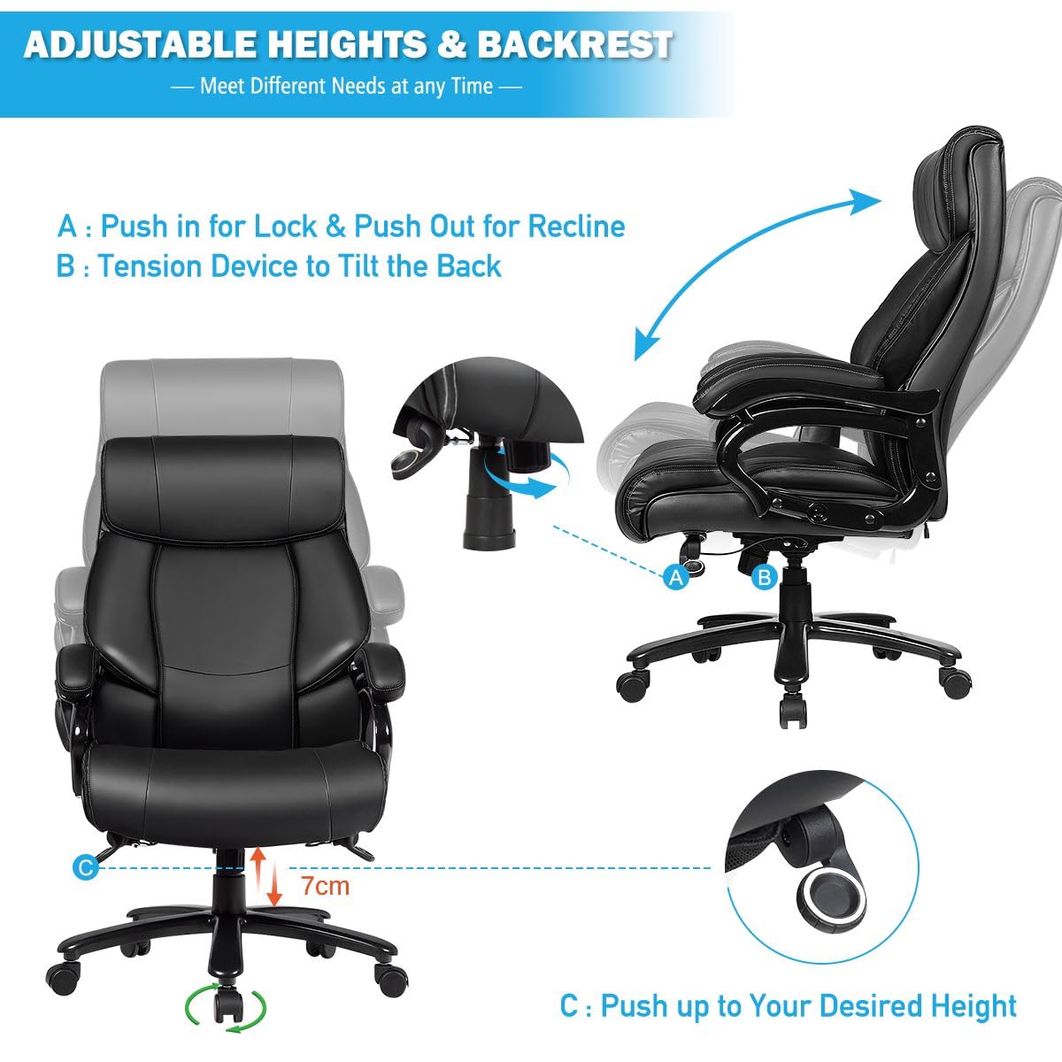 CASART PU Leather Office Chair, 300/400/500LBS Big and Tall Executive Chair with Rocking Backrest&Armrest, Heavy Duty Metal Base