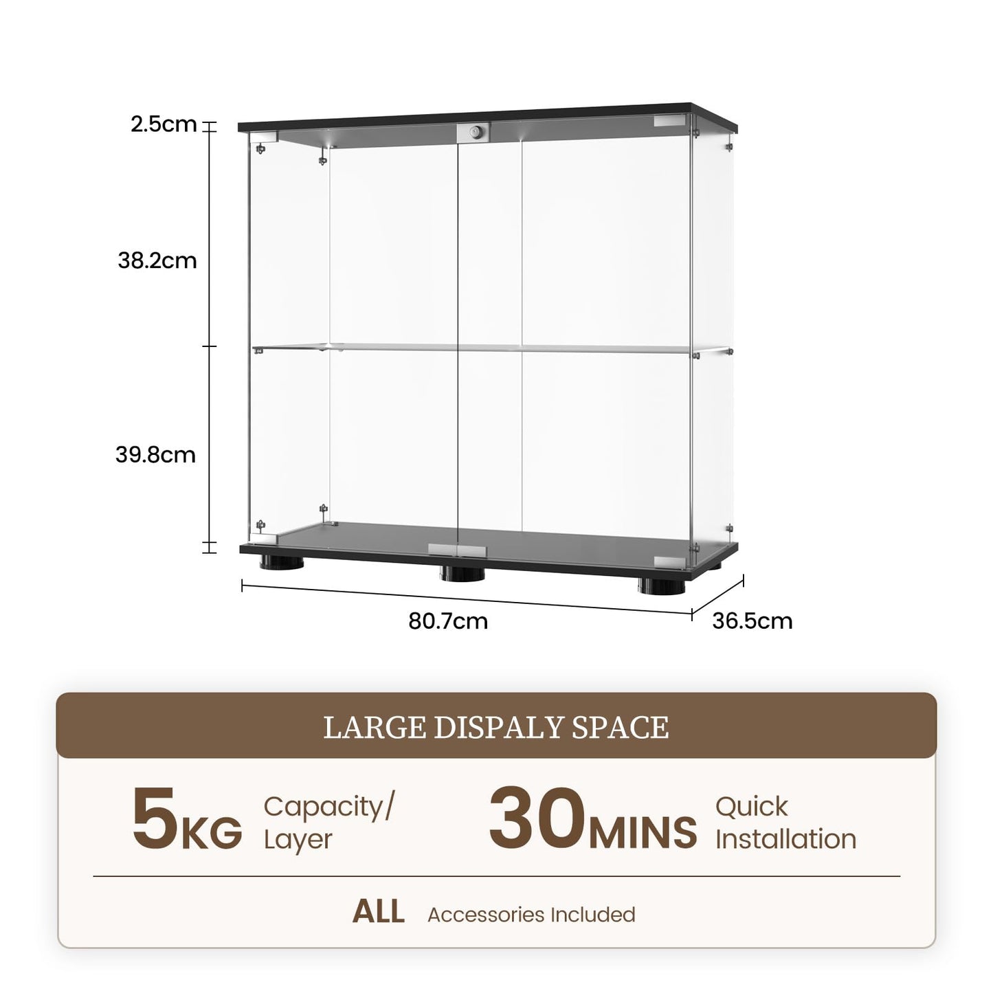 Beauty4U 2-Shelf Double Door Glass Display Cabinet, 83cm Tall, Black
