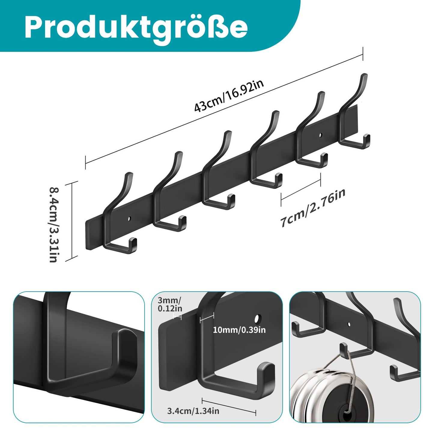 MEIJO Coat Hooks Wall Mounted Stainless Steel, Black Coat Rack Wall Mounted with 6 Hooks Heavy Duty Coat Hooks for Door, Bathroom, Bedroom, Kitchen