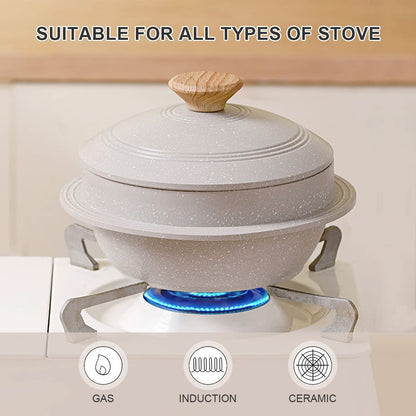 Bobikuke Cast Aluminum Pot with Lid, 24 cm Non-Stick Casserole Dish Korean Stone Bowl Induction Compatible, White