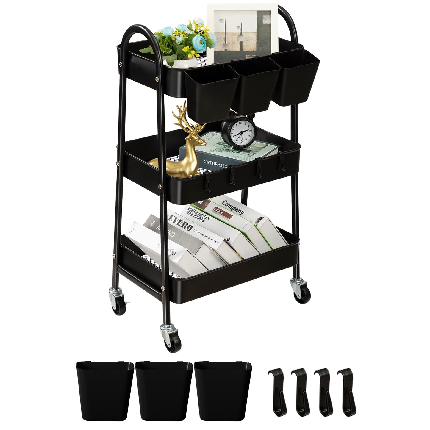 danpinera 3-Tier storage trolley, Metal storage cart with Lockable Wheels & Hanging Cups & Hooks, storage trolley on wheels for bathroom, kitchen