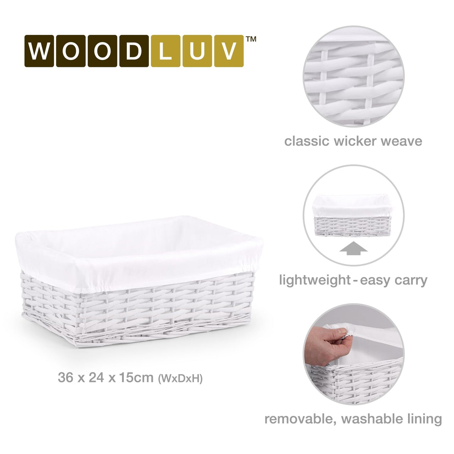 Woodluv Storage Baskets Woven Wicker, Storage Basket for shelves, Baskets to make hampers, Storage Box, Storage Organiser, White, Medium