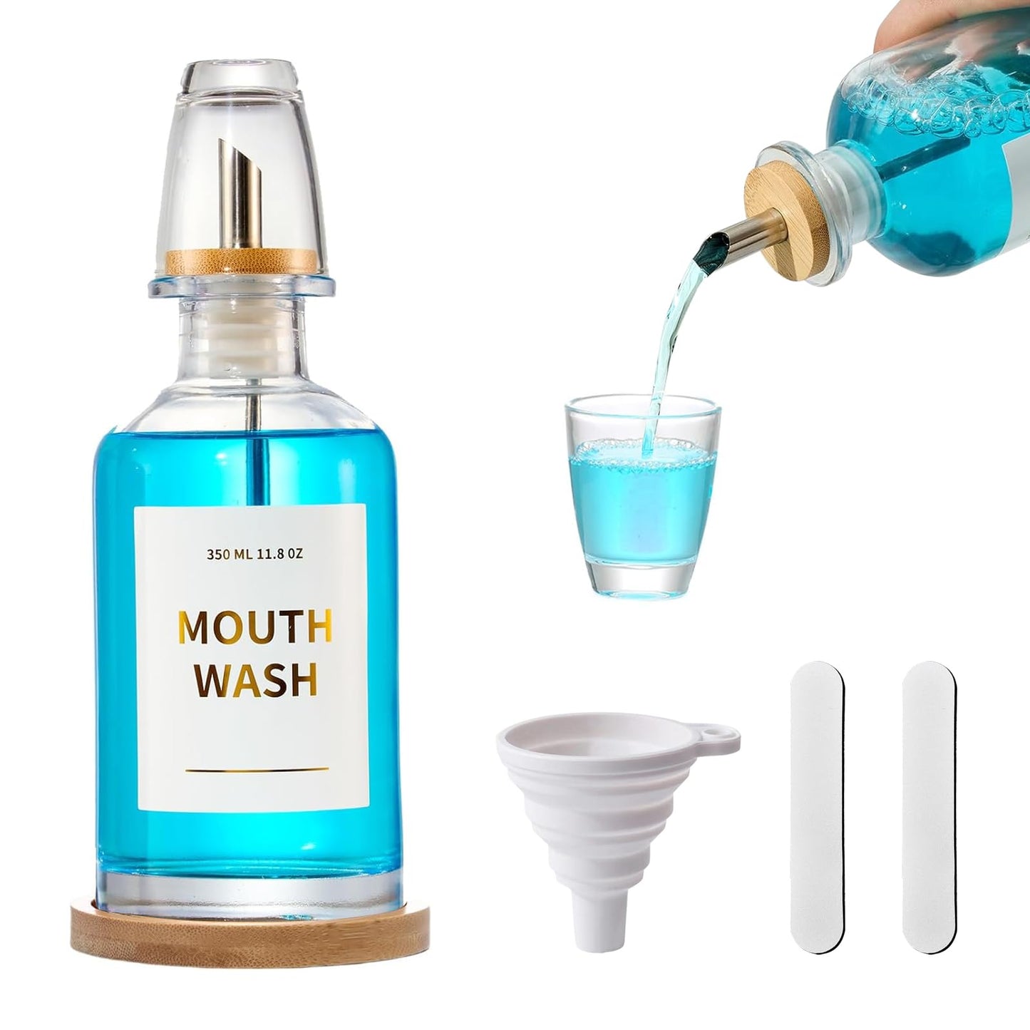 ZhouZGlass 12OZ/350ML Mouthwash Dispenser, Glass Mouthwash Decanter for Bathroom with Stainless Steel & Bamboo Nozzle, Reusable Mouthwash Cup