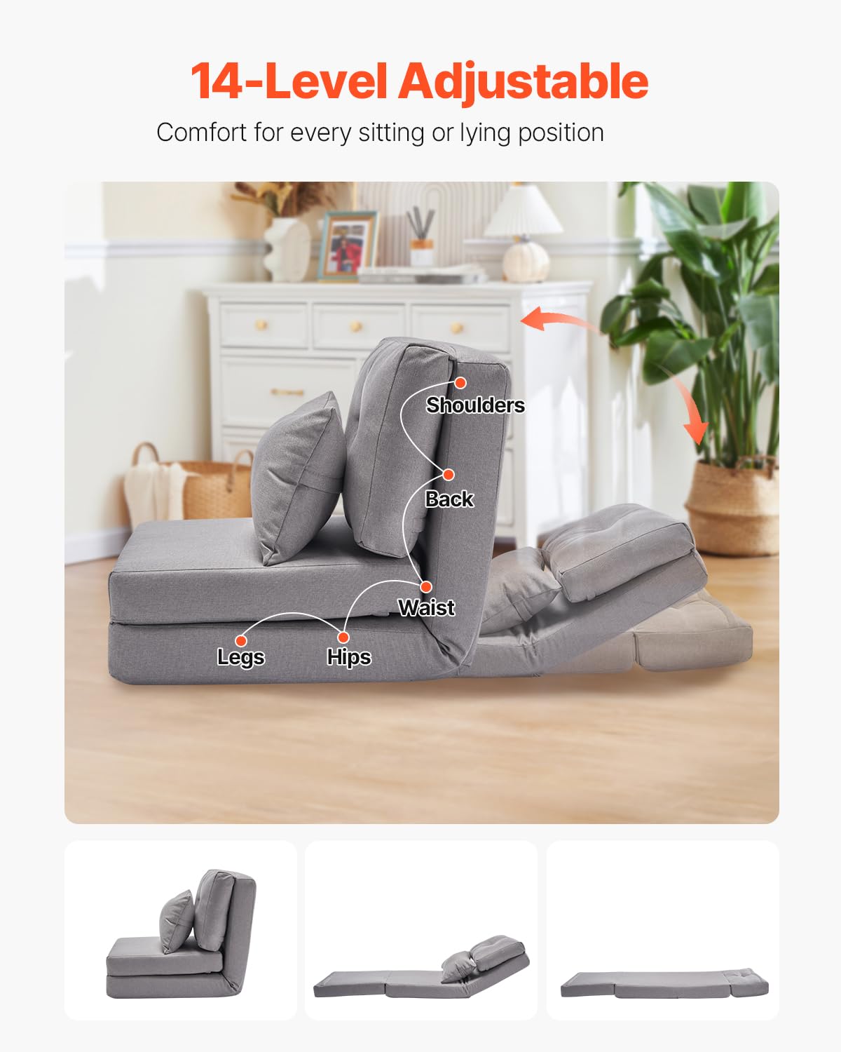 VEVOR Convertible Flip Chair, 5-Position Adjustable Floor Lazy Sofa, Folding Upholstered Couch Bed with Adjustable Backrest Metal Frame and Pillow