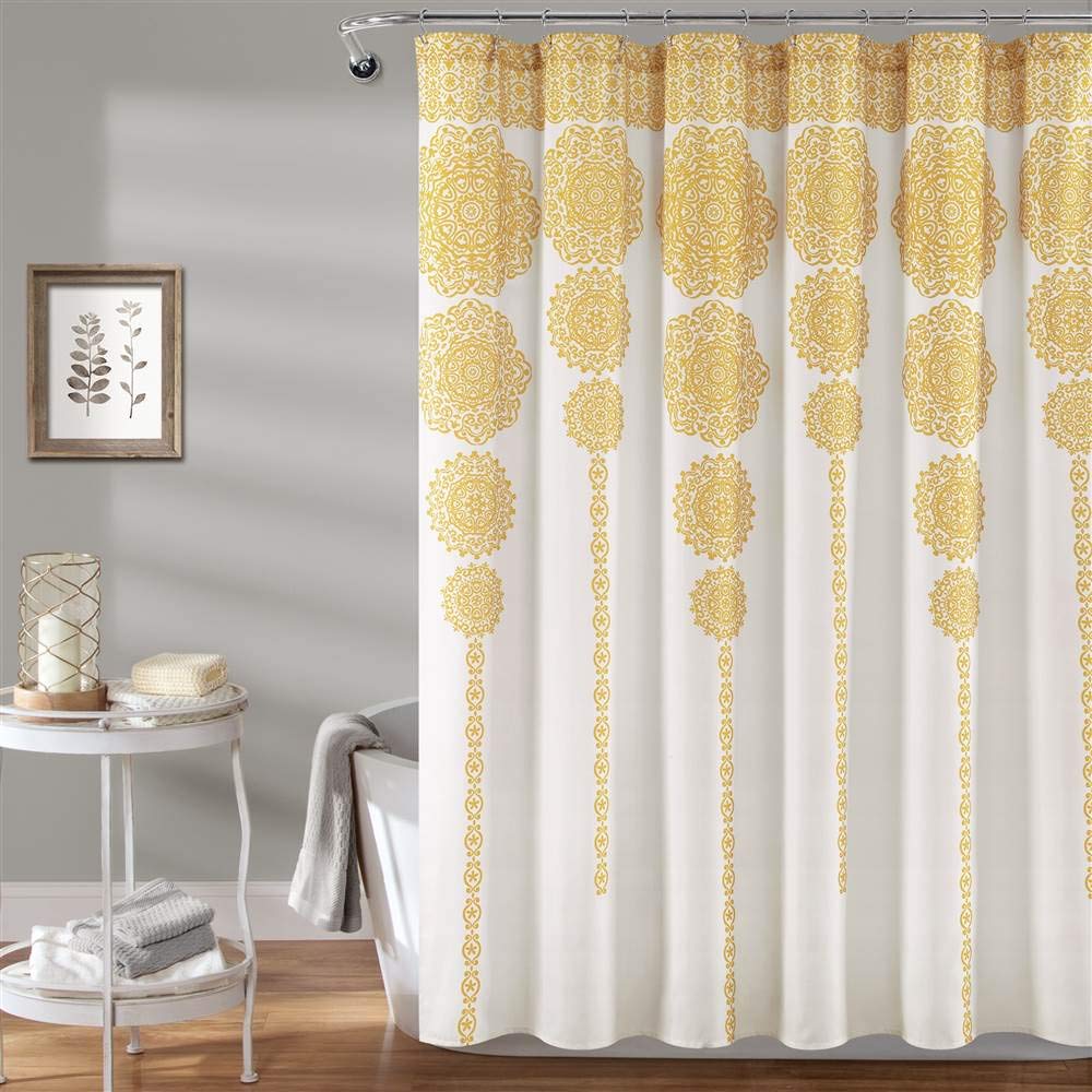 Lush Decor Stripe Medallion Shower Curtain-Fabric Mandala Bohemian Damask Print Design, 72" x 72", Yellow