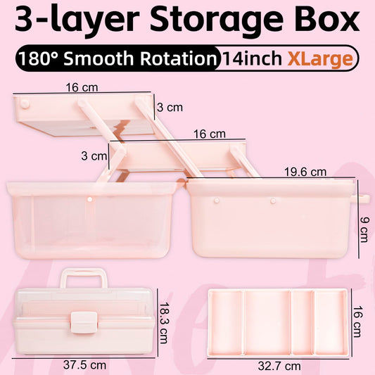 Creahaus 14in 3 Layer Multipurpose Storage Box/Craft Storage Boxes With Compartments/Plastic Tool Box/Medicine Storage Box/Hair Accessories
