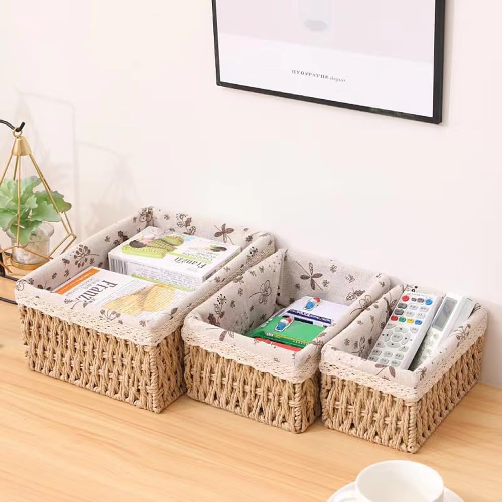 BEVKAF Seagrass Set of 3 Rectangular Storage Baskets Pear Blossom Style