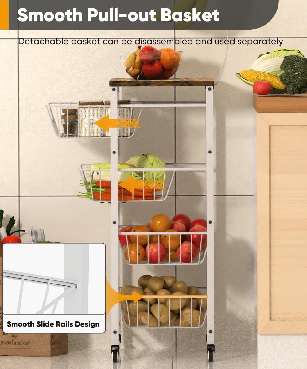 Garbuildman 5-Tier Kitchen Storage Cart with Pull-Out Wire Baskets - Fruit & Vegetable Organiser with Wooden Top & Banana Holder for Pantry