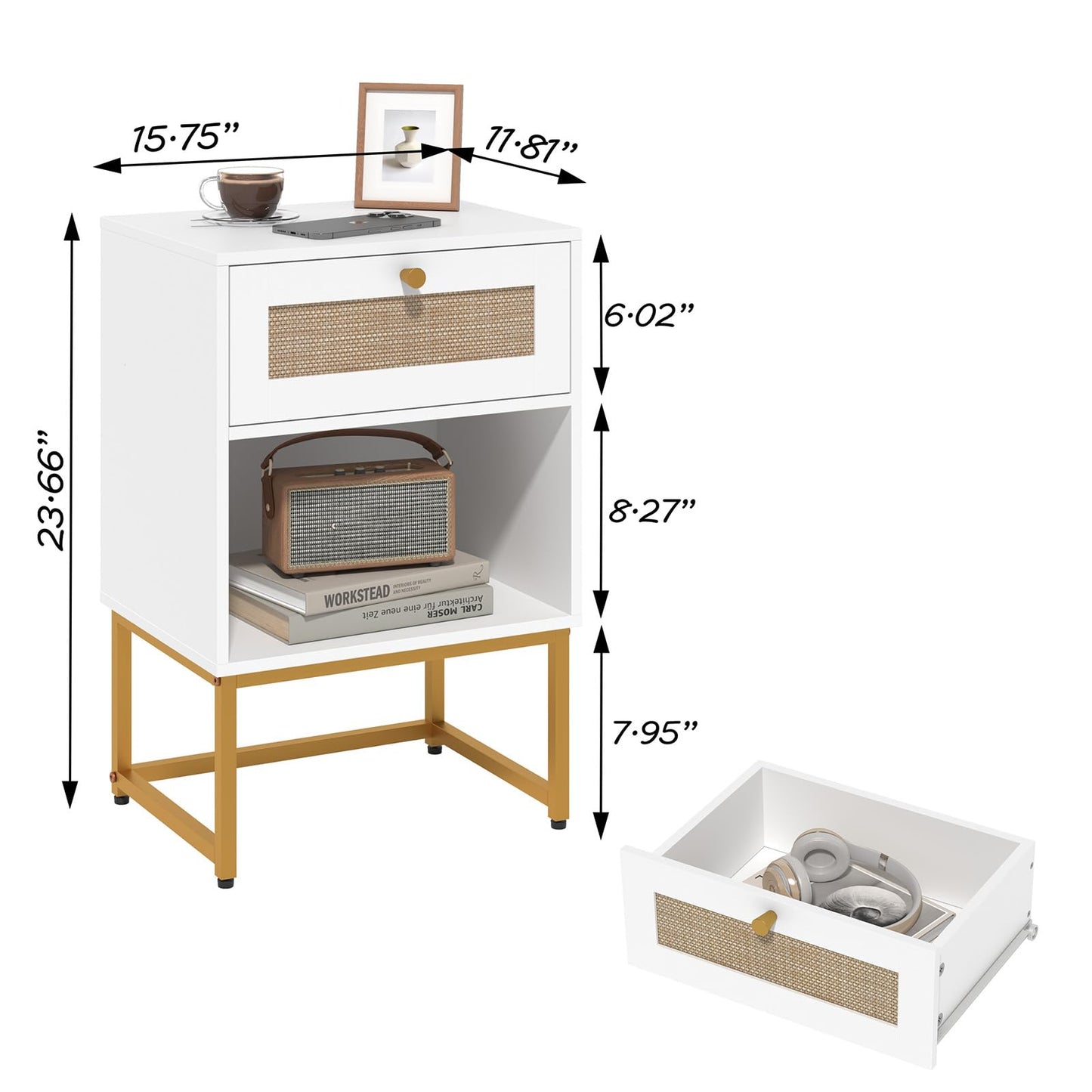JERX Rattan Bedside Table, Farmhouse Wood Nightstand with Storage Drawer and Open Shelf Small Bedside Cabinet for Bedroom,Living Room,Office White