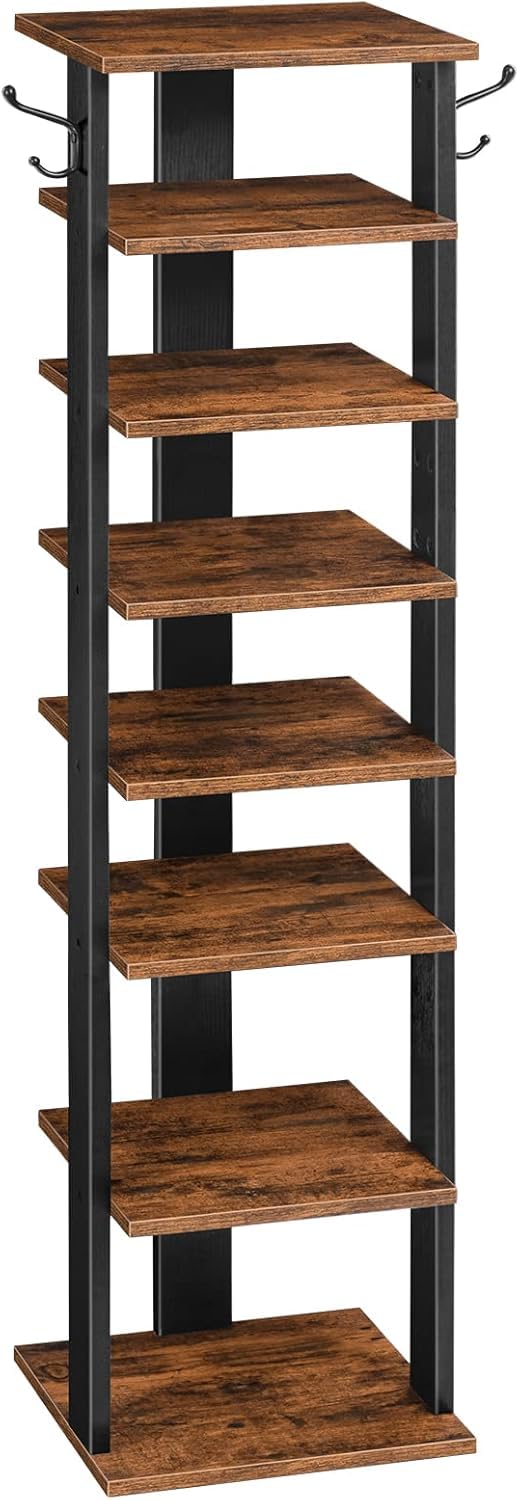 HOOBRO Shoe Rack Wooden, Tall Shoe Rack, Narrow Shoe Storage Organizer with 2 Hooks, Slim Narrow Shelf, Vertical Tower for Entrance, Living Room