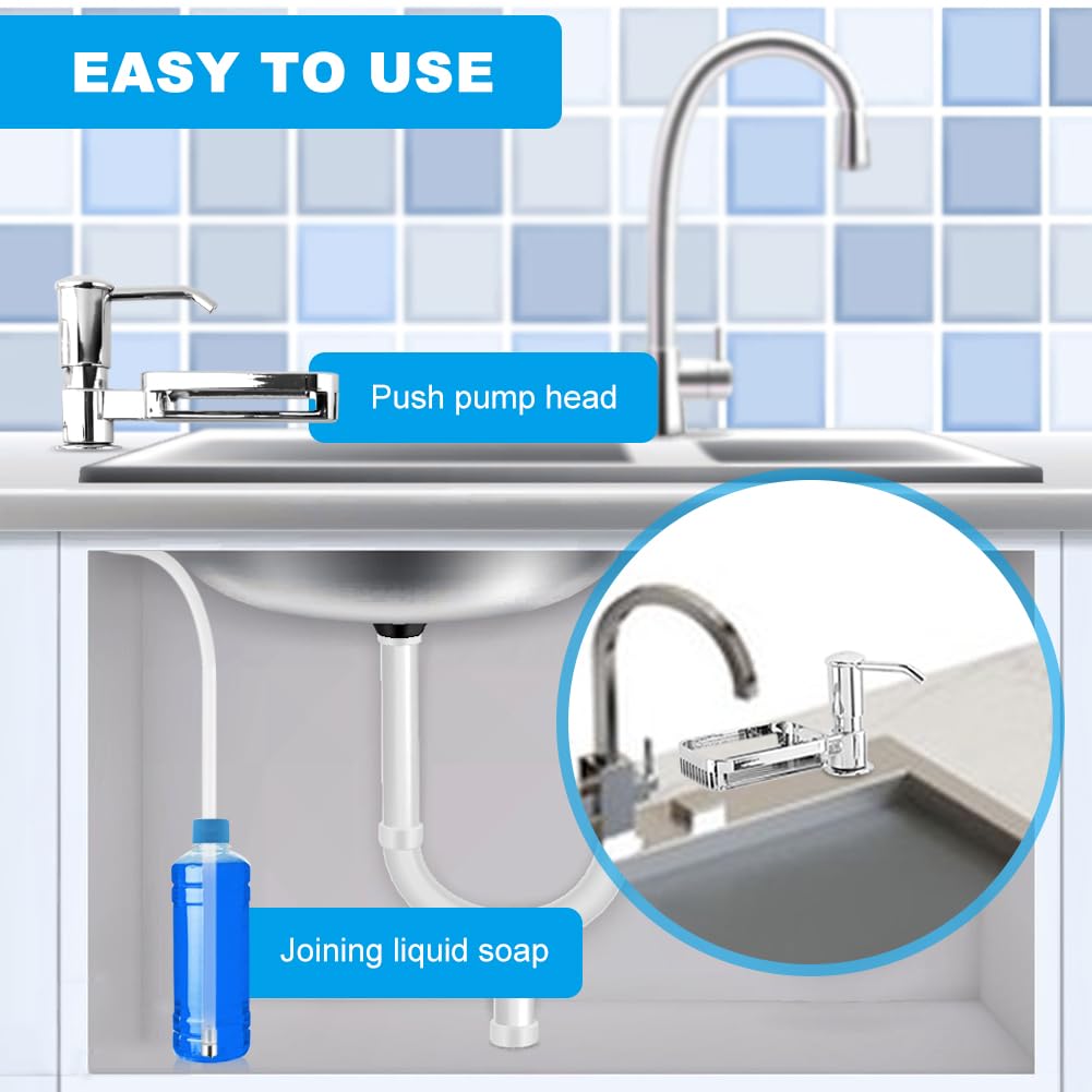 Dish Soap Dispenser for Kitchen Sink, Built in Soap Dispenser Pump with Sponge Holder,Long Mouth Outlet