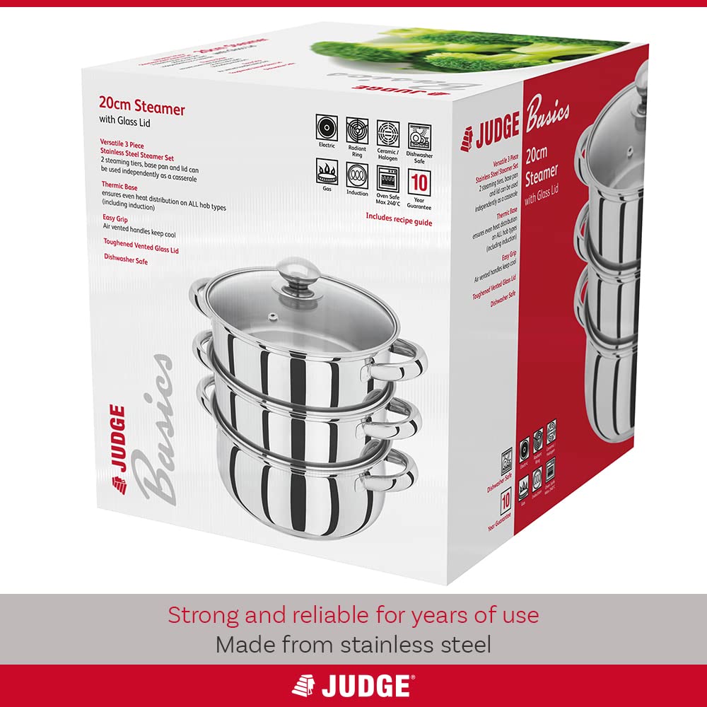 Judge Essential 3-Tier Stainless Steel Steamer - Thermic Based & Vented Glass Lid, Oven-safe Vegetable Steam Cooker with Cool Handles