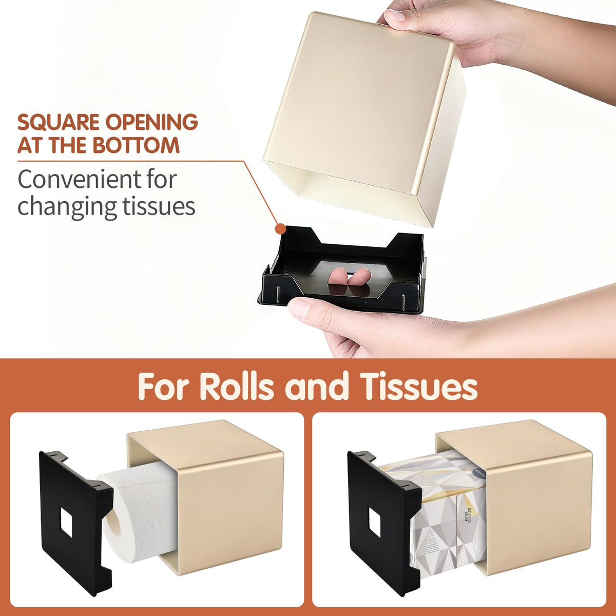 Y-in Hand Tissue Box Cover, Square Facial Tissue Holder Storage for Bathroom Vanity, Countertops, Dressers, Night Stand, Parlors and Offices - Gold