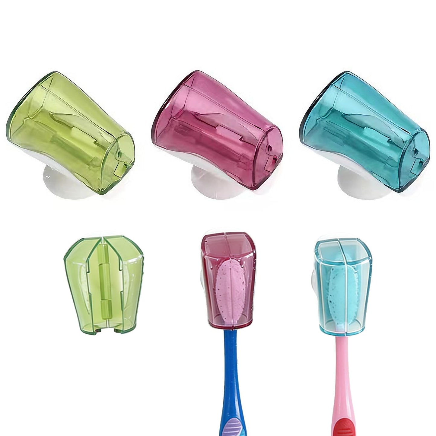 3 Pack Toothbrush Head Covers with Suction Cup, Food-Safe PC Dustproof Toothbrush Protector Caps, Wall Mounted & Portable for Bathroom, Travel