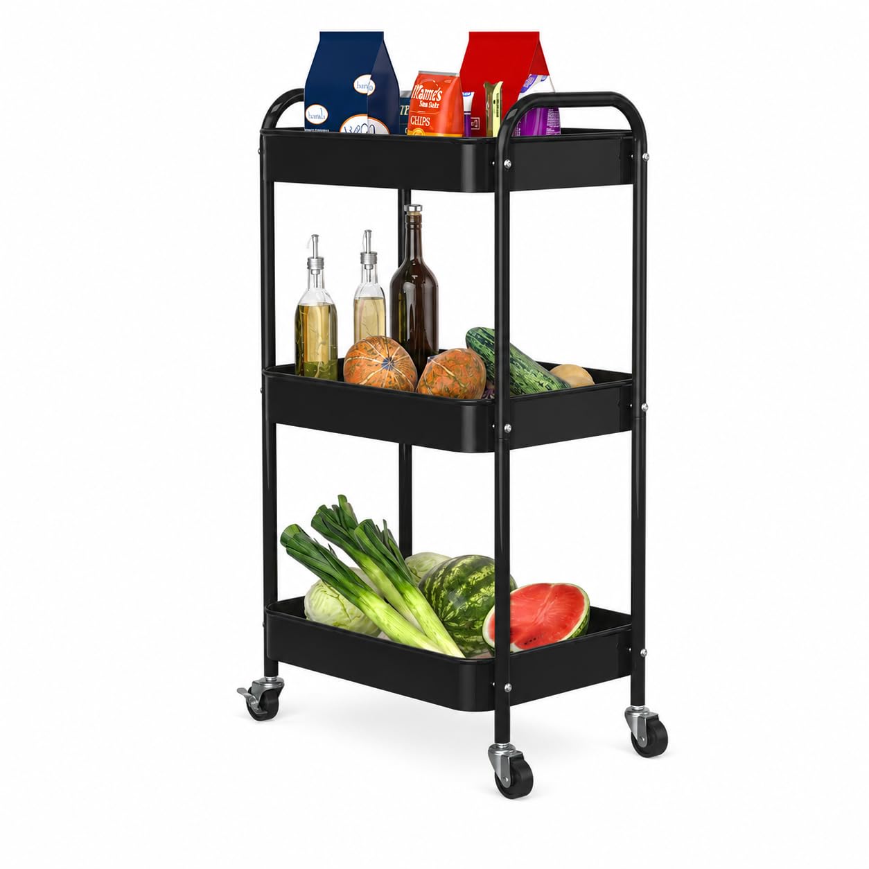 PNVXNUS 3-Tier Rolling Cart, Metal Utility Storage Carts with Wheels, Black