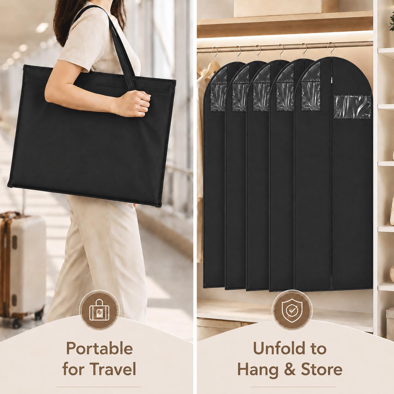 Sytinnice 2Pcs Long Dress Garment Bags, 60×180cm Folding Full Length Garment Cover Bag with Zipper, Pocket & Handle