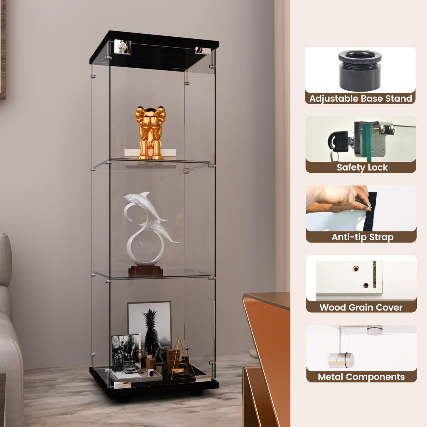 Beauty4U 3-Shelf Single Door Glass Display Cabinet, 125cm Tall, Black