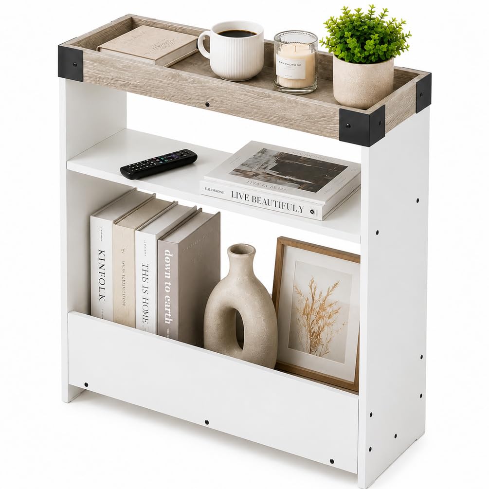 ZEXVIDA Narrow Side Table, 8" Slim End Table with Tray Top, Oak & White