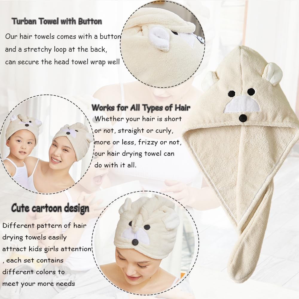Girls' Absorbent Hair Towel Wrap Kids Hair Drying Wrap Towel Hat Cute Cartoon Turban Towels with Button Anti-Frizz Wet Hairs Shower Cap Quick Drying