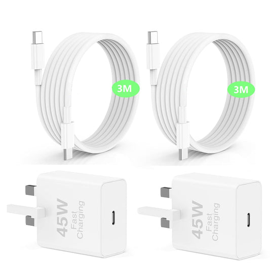 2Pack 45W iPhone 17 16 15 Charger Plug, 3M USB C Fast Charging Lead and Wall Charge Adapter, Long Type C to C Cable Cord with Block Cube for Apple