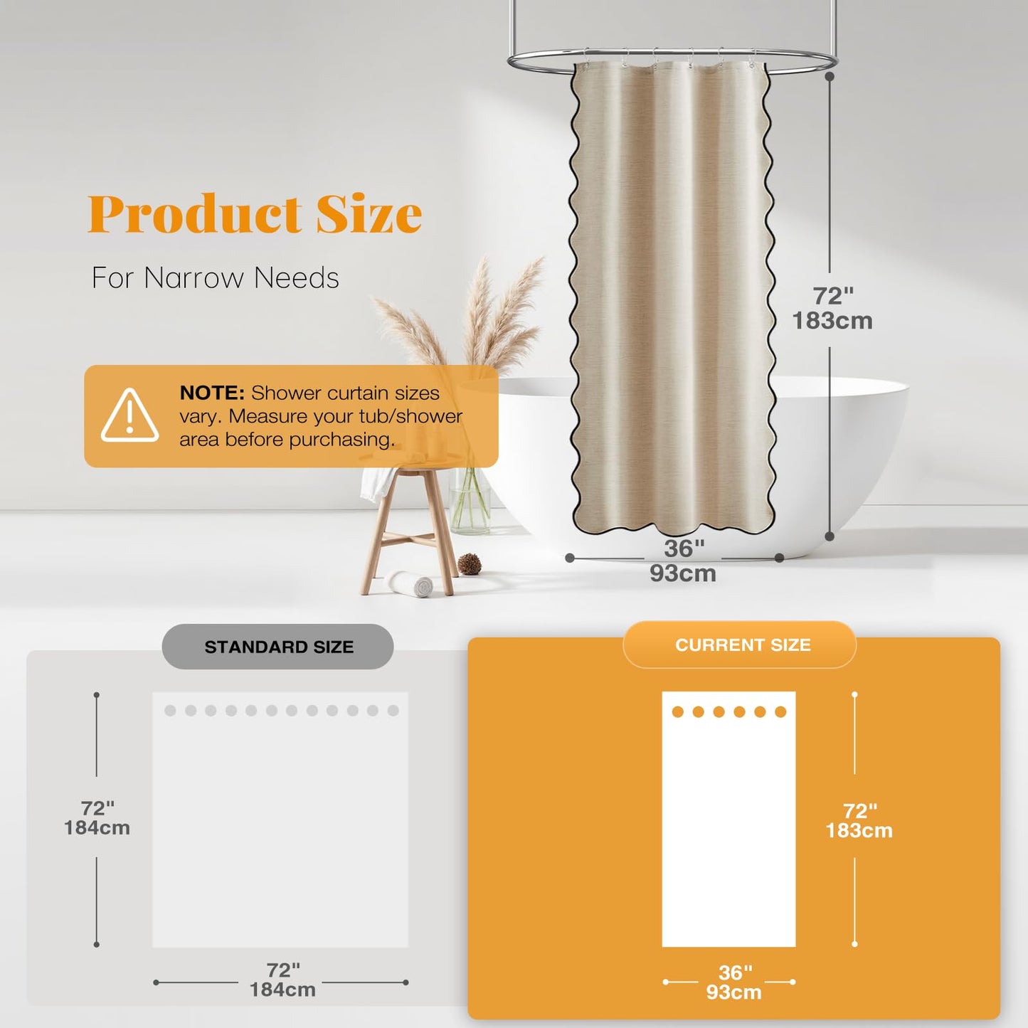 BTTN Scalloped Linen Look Weighted Shower Curtain, 184x184cm, Beige/Cream