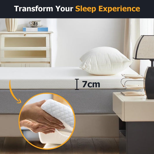 Memory Foam Mattress Topper Double Bed (7cm Thick) Premium Topper for Comfort & Support, Back & Joint Pain Relief, Cooling Dual-Layer Orthopedic Pad.