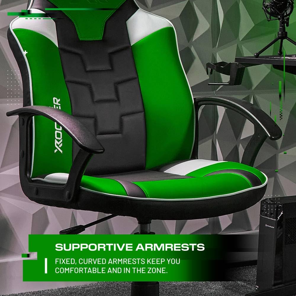 X-Rocker Saturn Mid Back Compact Gaming Chair for Kids & Teens - Ergonomic, Comfortable, Height Adjustable, Wipe-Clean Faux Leather - Black/Green