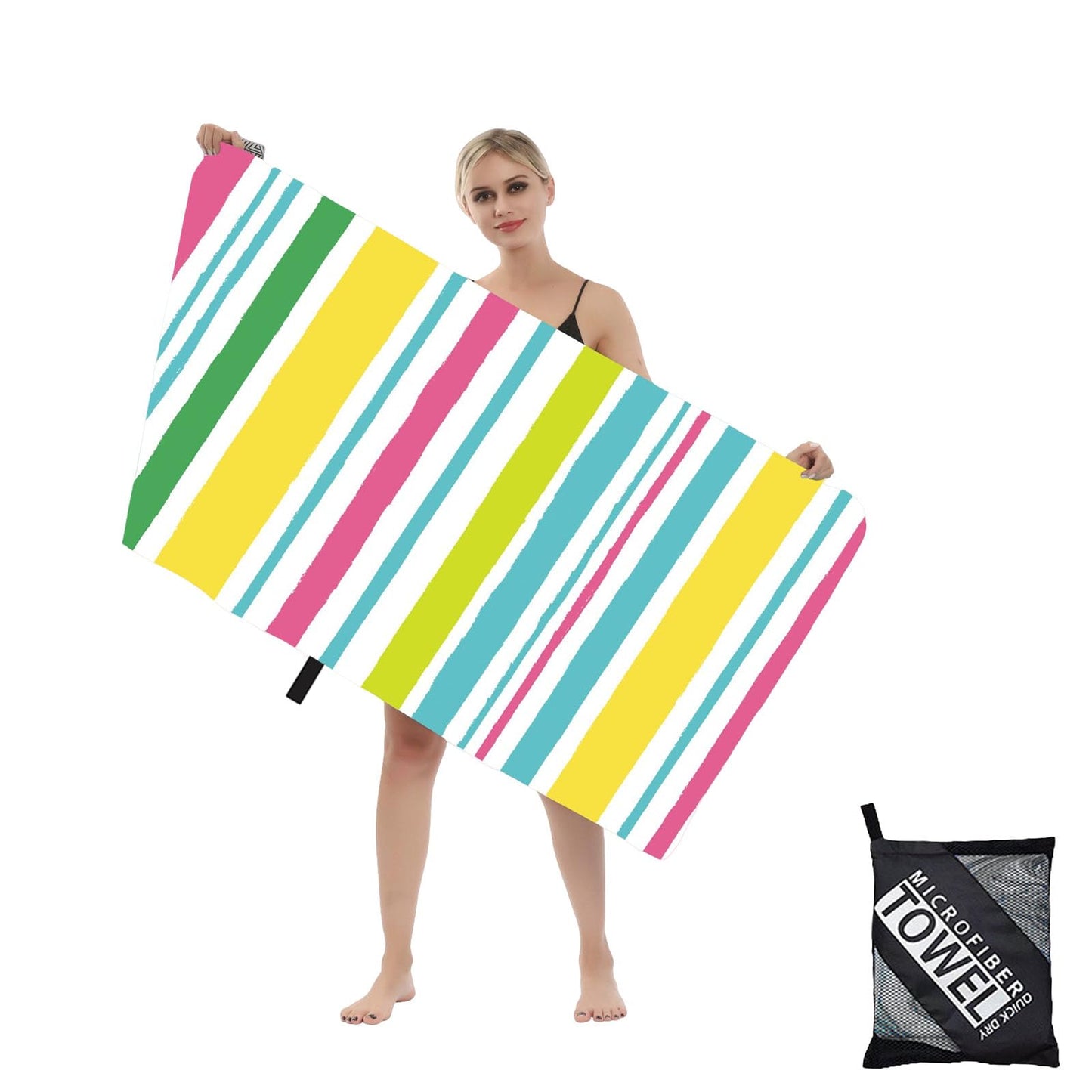 Large Microfibre Sand Free Beach Towel, 160x90cm Double Sided Striped, Lightweight Quick Dry Travel Swimming Towel with Bag