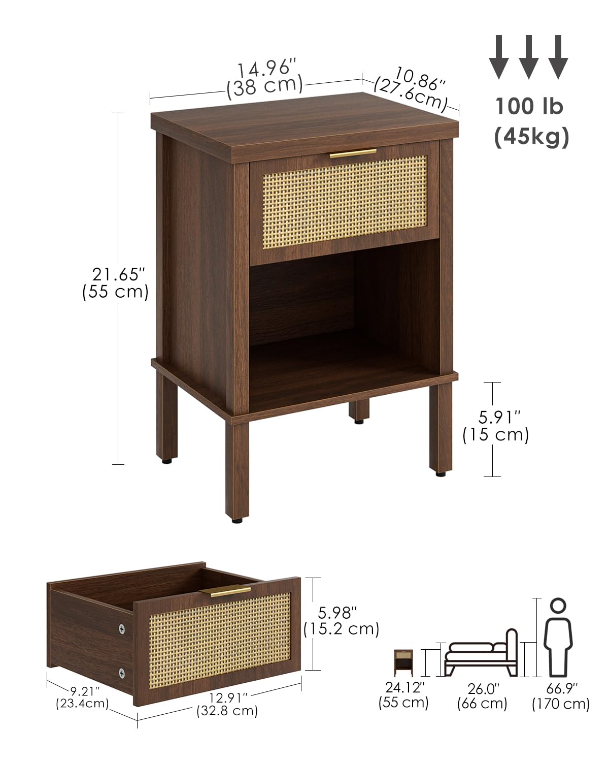 Apetaccat Rattan Bedside Table, Side Table with Open Storage Shelf, Walnut
