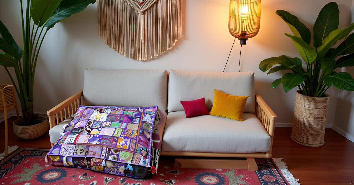 CRAFT KALA Indian Square Patchwork Traditional Pouf Cover Indian Living Room Poufs Decorative Embroidered Designer Ottoman Home Footstool Chair Cover