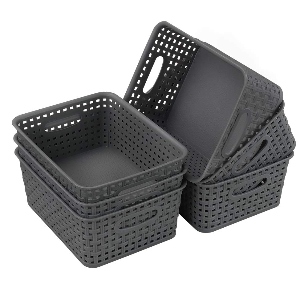 Gloreen 6 Packs Desktop Storage Basket, Small Plastic Weave Baskets, Grey