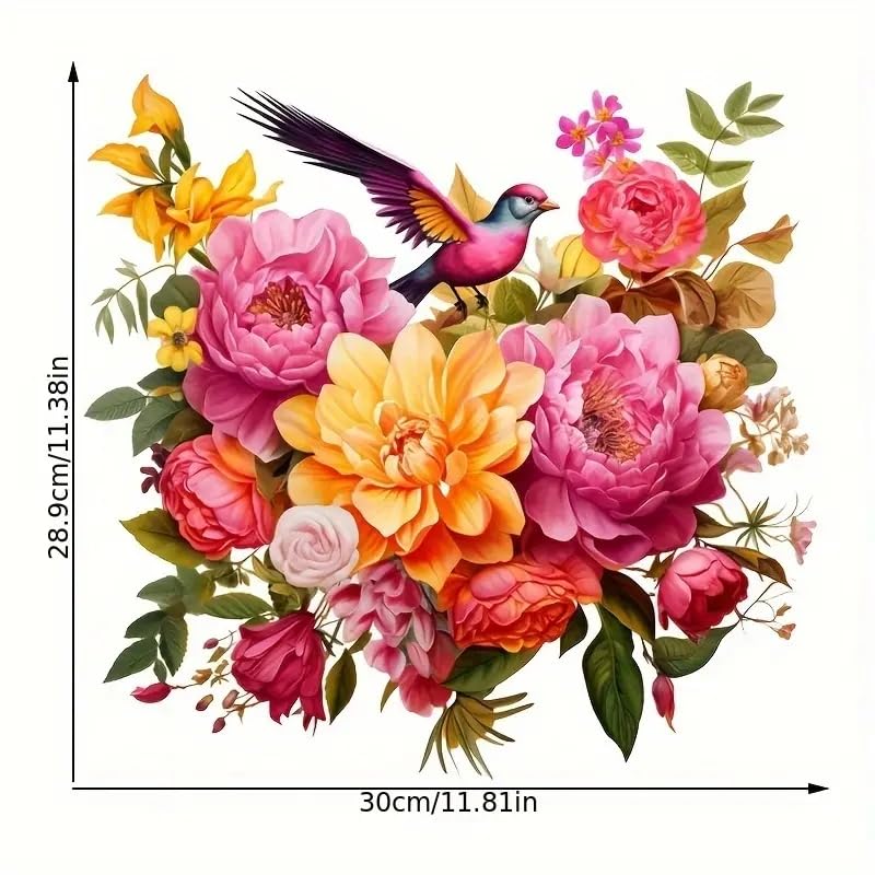 Colorful Flower Cluster Bird Toilet Cover Sticker Decals,Flower Leaf Butterfly Waterproof Toilet Lid Tank Seat Decals Cistern Self-Adhesive Bathroom