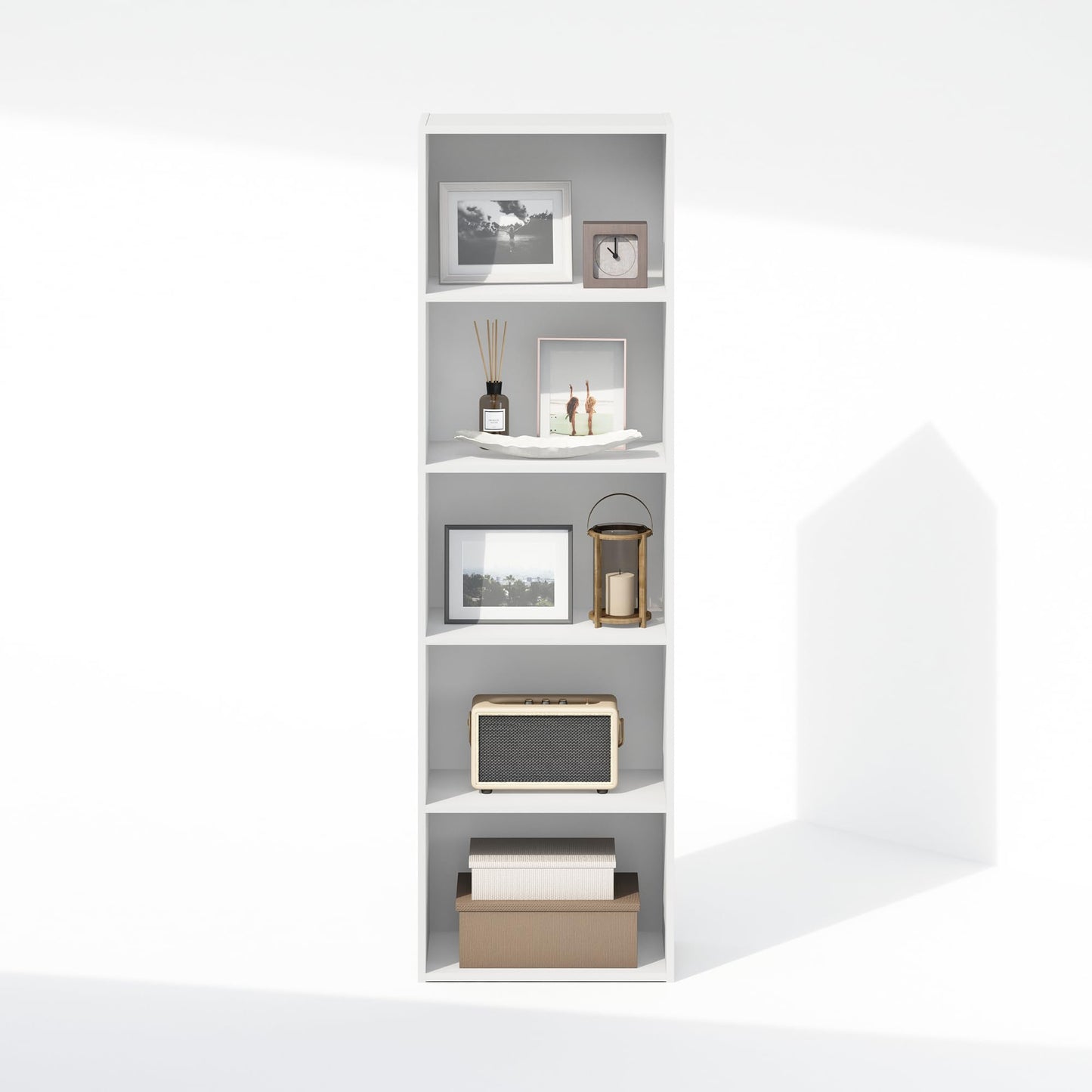 Furinno LUDER Book Shelf, 5-Cube Bookshelf, Bookcase with Open Shelf, 23.88 x 40.13 x 132.08 cm, for Living Room, Bedroom, Home Office, White