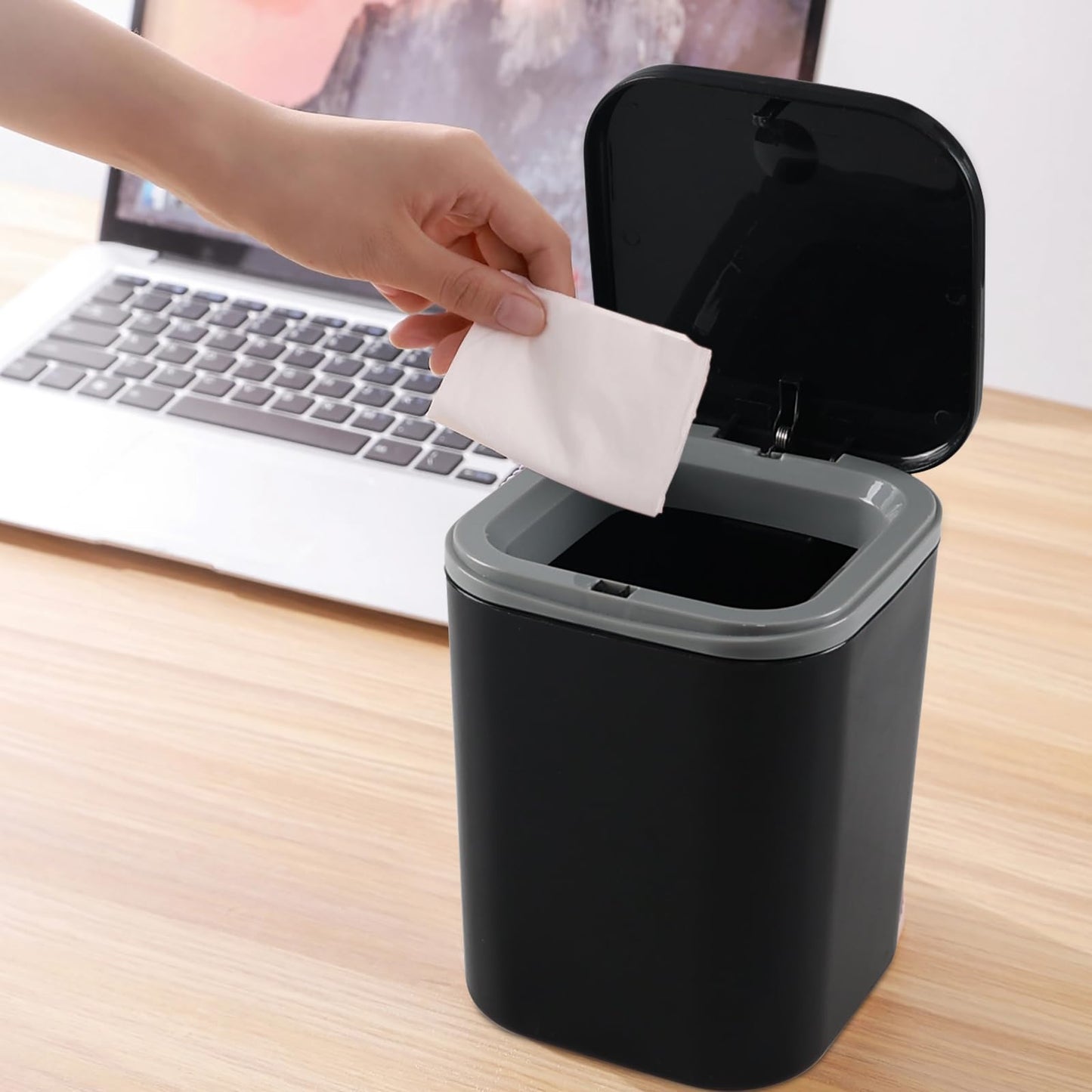 Julyeen Mini Plastic Desktop Paper Trash Bin, Bathroom Bins with Lid, Black